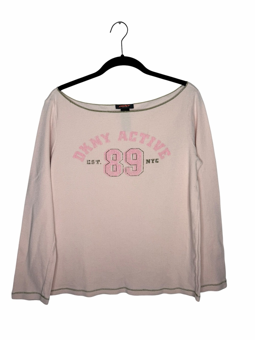 DKNY / vintage y2k pink waffle knit boat neck active logo long sleeve tee / M
